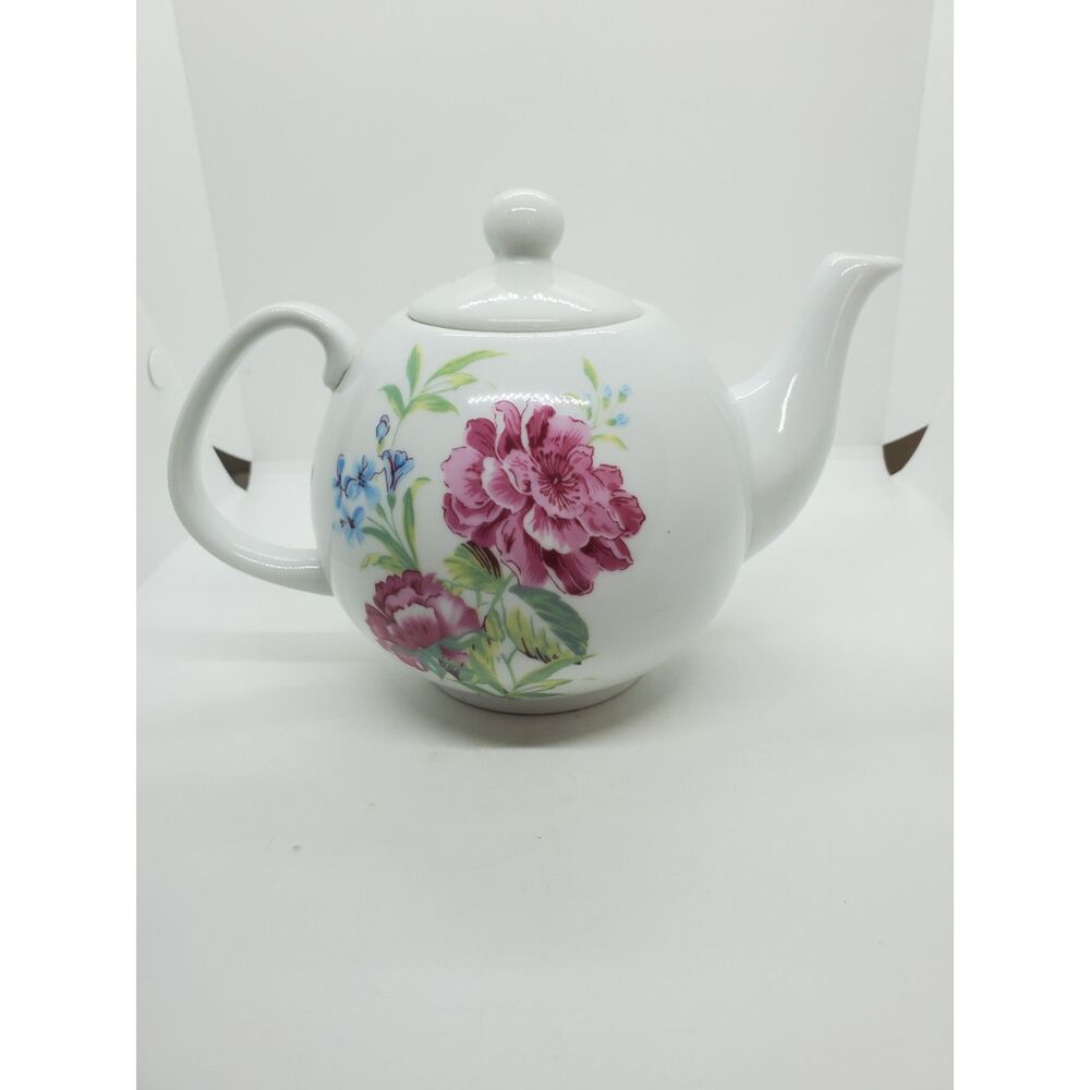 White Teapot with Peony Flowers sprigs of Blue Flowers and Greenery-Transferware